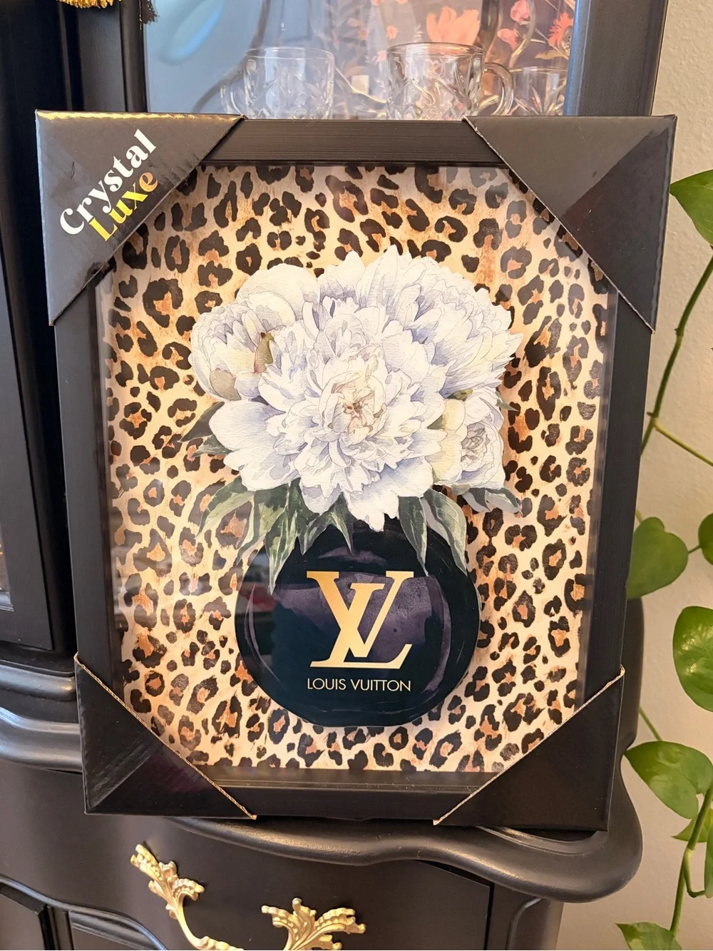 Fashion LV Black, Gold, White Leopard Floral Wall Art- 15” x 12 “